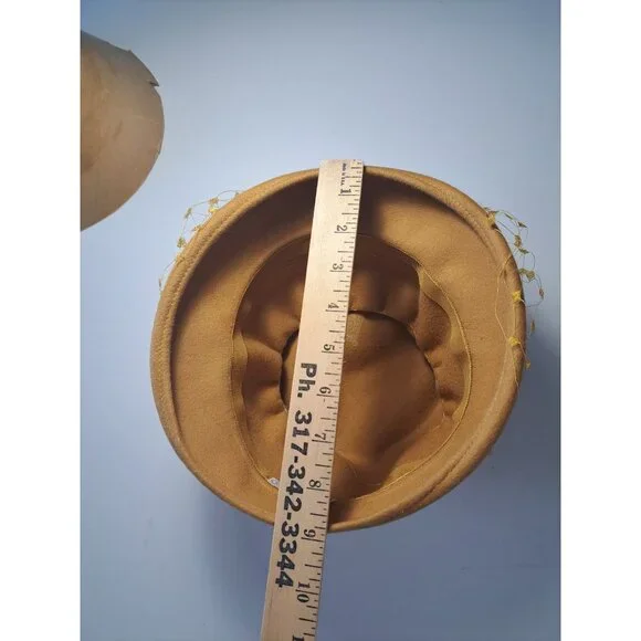 Vtg Glenover Derby Wool Cloche Hat With Netting & Bow Women's Gold Union Made - Picture 12 of 13